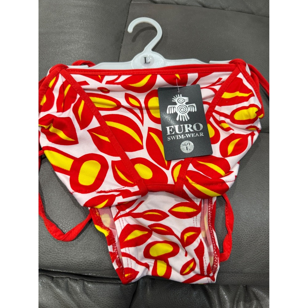 Euro Swim-Wear Red Yellow Abstract Leaf Print Side Tie Bikini set Large NWT